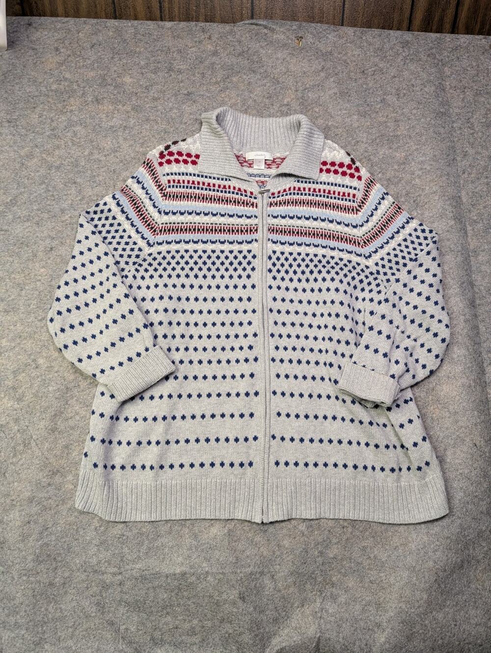 Christopher Banks Full Zip Cardigan Sweater Jacket Gray Fair Isle Womens 2X